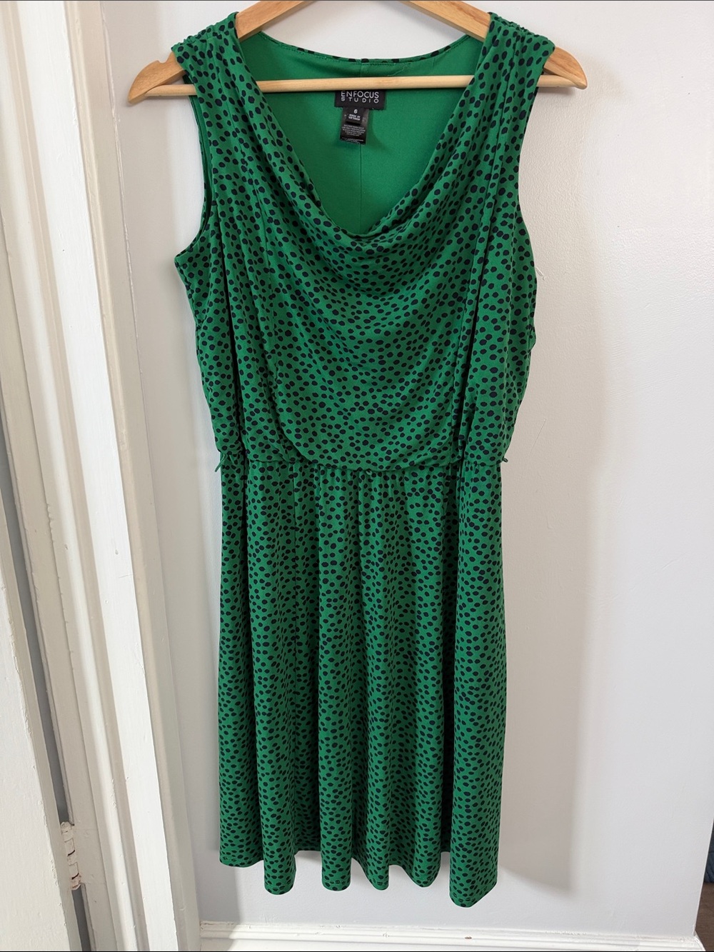 Enfocus Studio Emerald Green Black Polka Dot Cowl Neck Dress